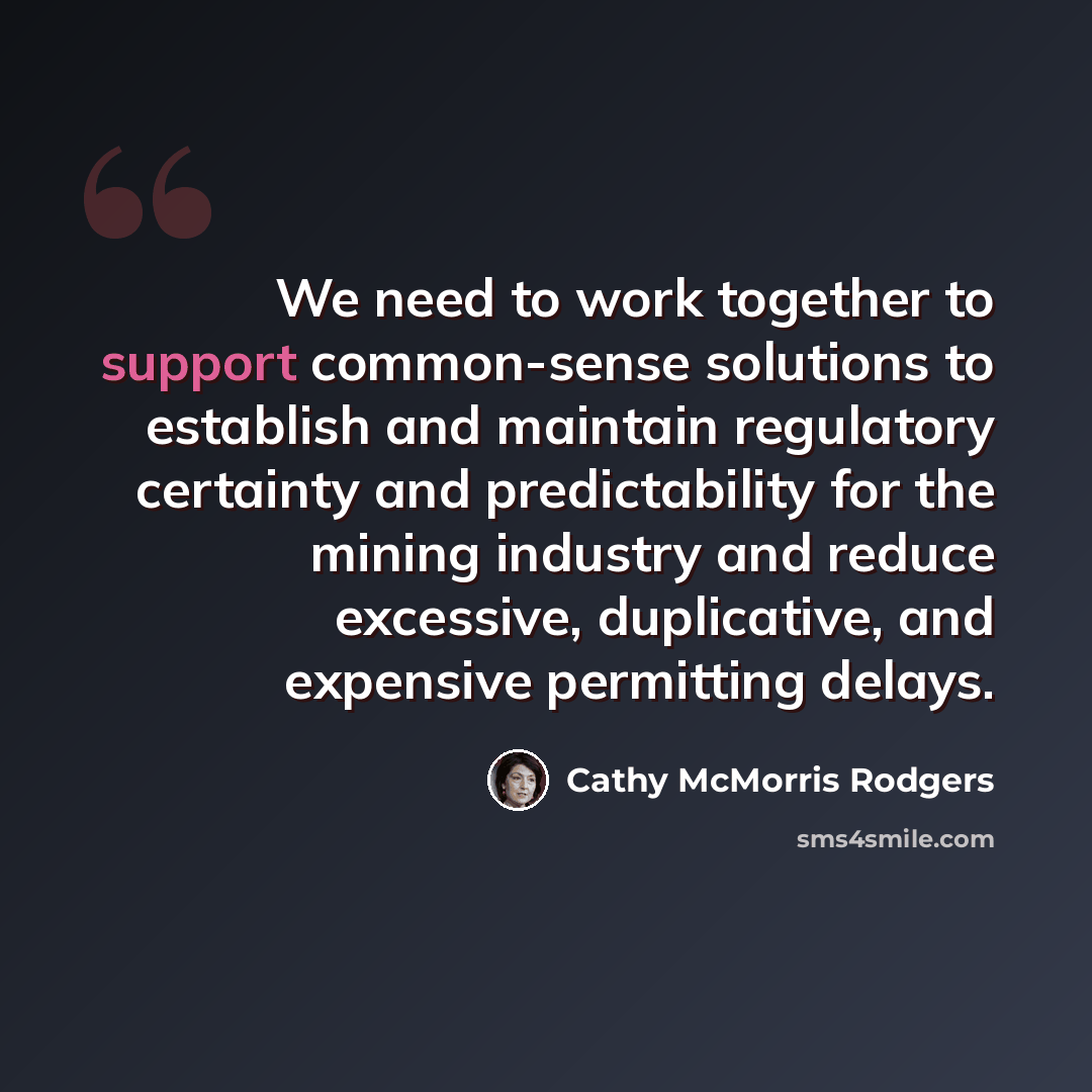 “We need to work together to support common-sense solutions to establish and maintain regulatory certainty and predictability for the mining industry and reduce excessive, duplicative, and expensive permitting delays.” quote by Cathy McMorris Rodgers