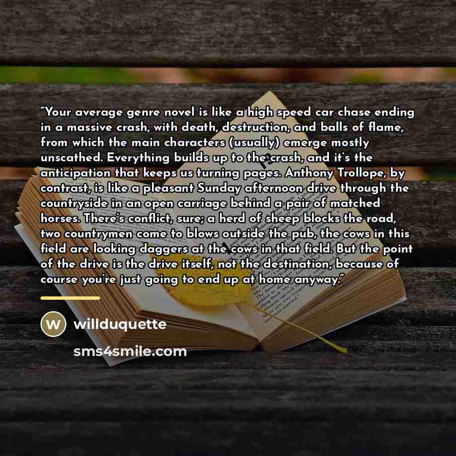 “Your average genre novel is like a high speed car chase ending in a massive crash, with death, destruction, and balls of flame, from which the main characters (usually) emerge mostly unscathed. Everything builds up to the crash, and it’s the anticipation that keeps us turning pages. Anthony…” quote by Willduquette