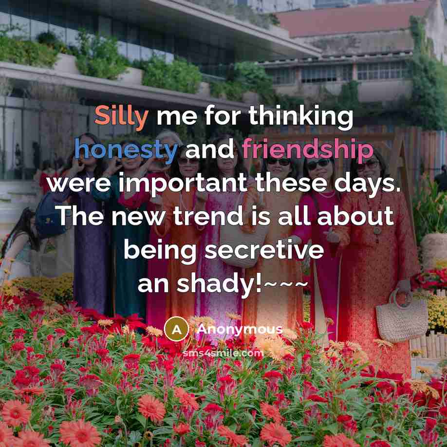 “Silly me for thinking honesty and friendship were important these days. The new trend is all about being secretive an shady!~~~” quote by Anonymous