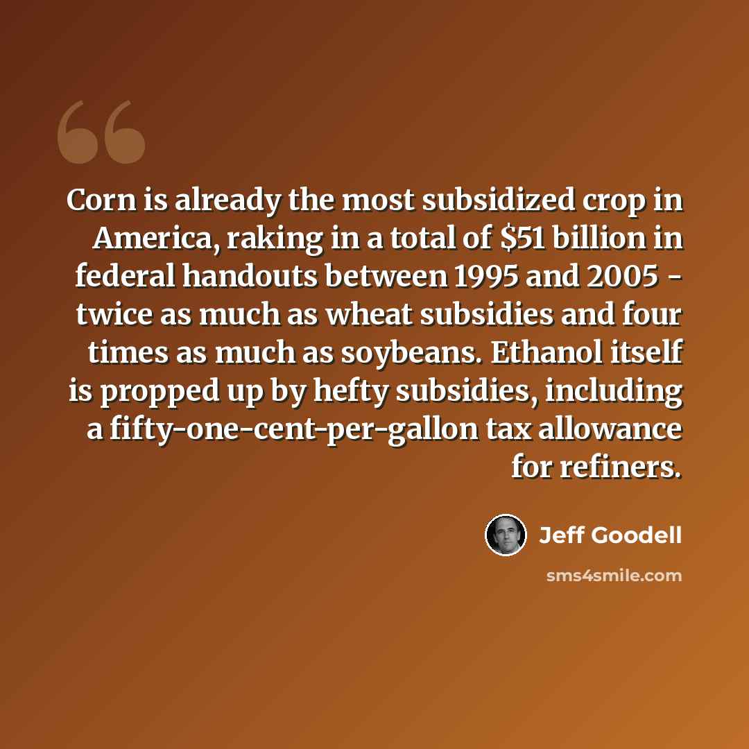 “Corn is already the most subsidized crop in America, raking in a total of $51 billion in federal handouts between 1995 and 2005 - twice as much as wheat subsidies and four times as much as soybeans. Ethanol itself is propped up by hefty subsidies, including a fifty-one-cent-per-gallon tax…” quote by Jeff Goodell