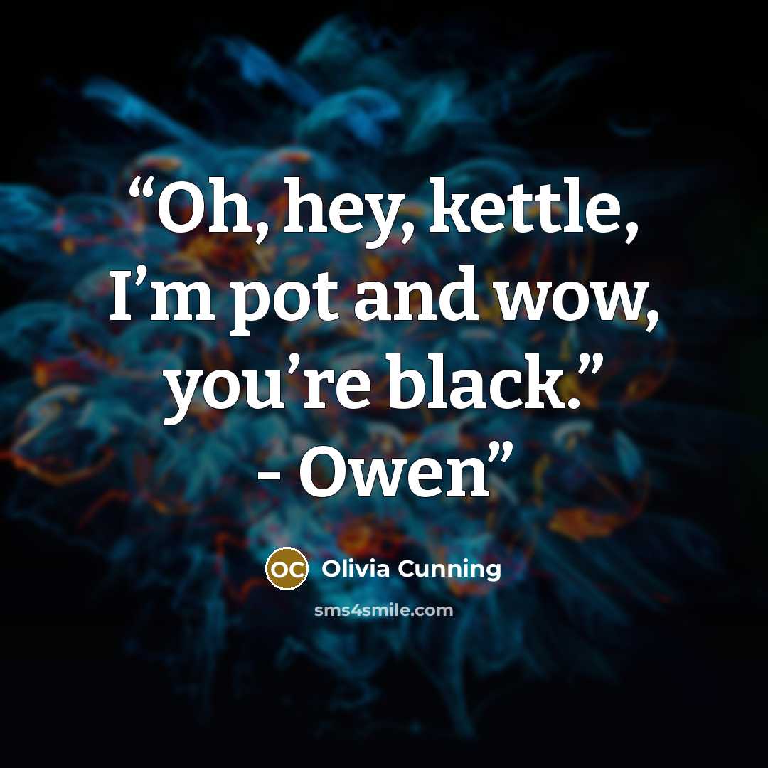 “Oh, hey, kettle, I’m pot and wow, you’re black.” - Owen” quote by Olivia Cunning