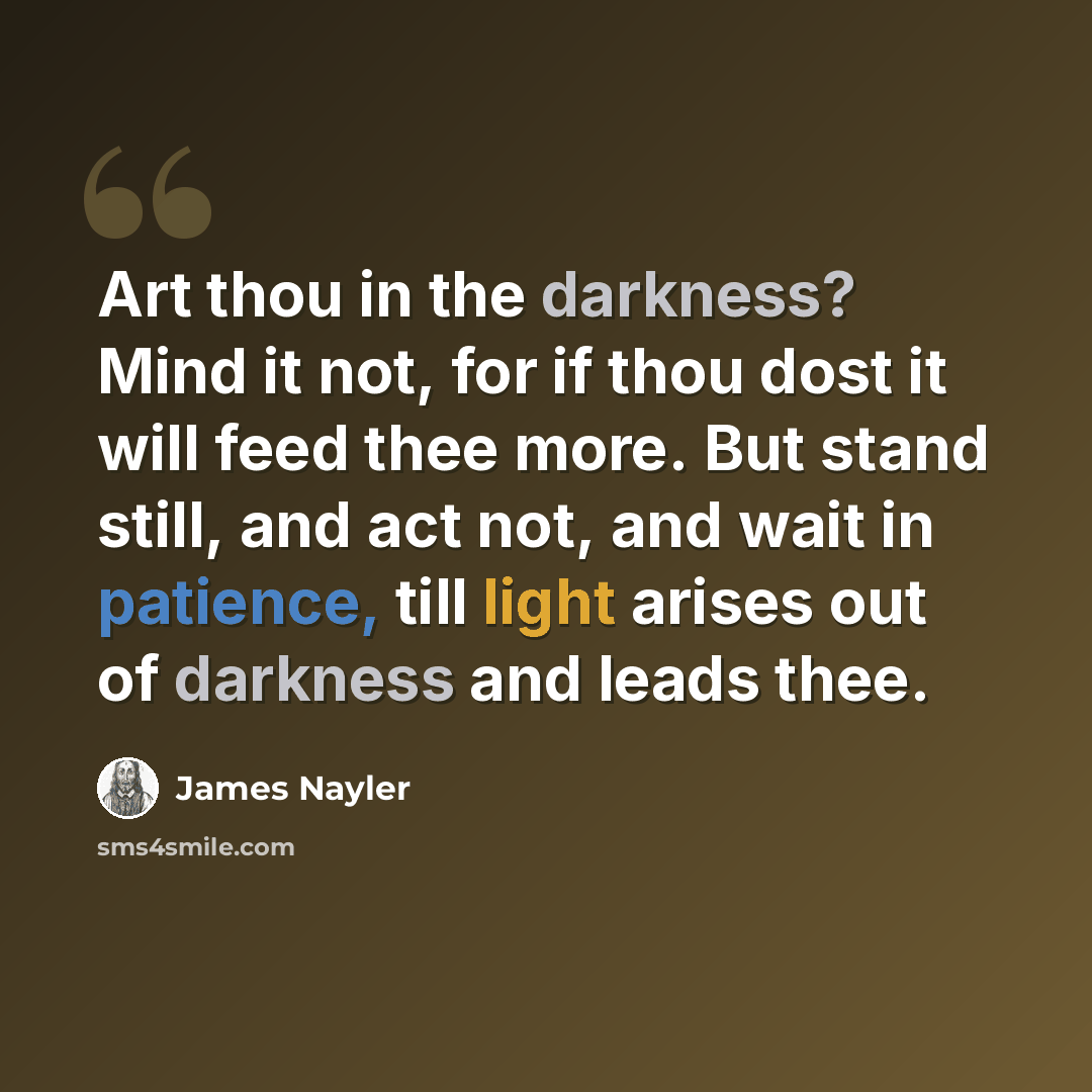 “Art thou in the darkness? Mind it not, for if thou dost it will feed thee more. But stand still, and act not, and wait in patience, till light arises out of darkness and leads thee.” quote by James Nayler
