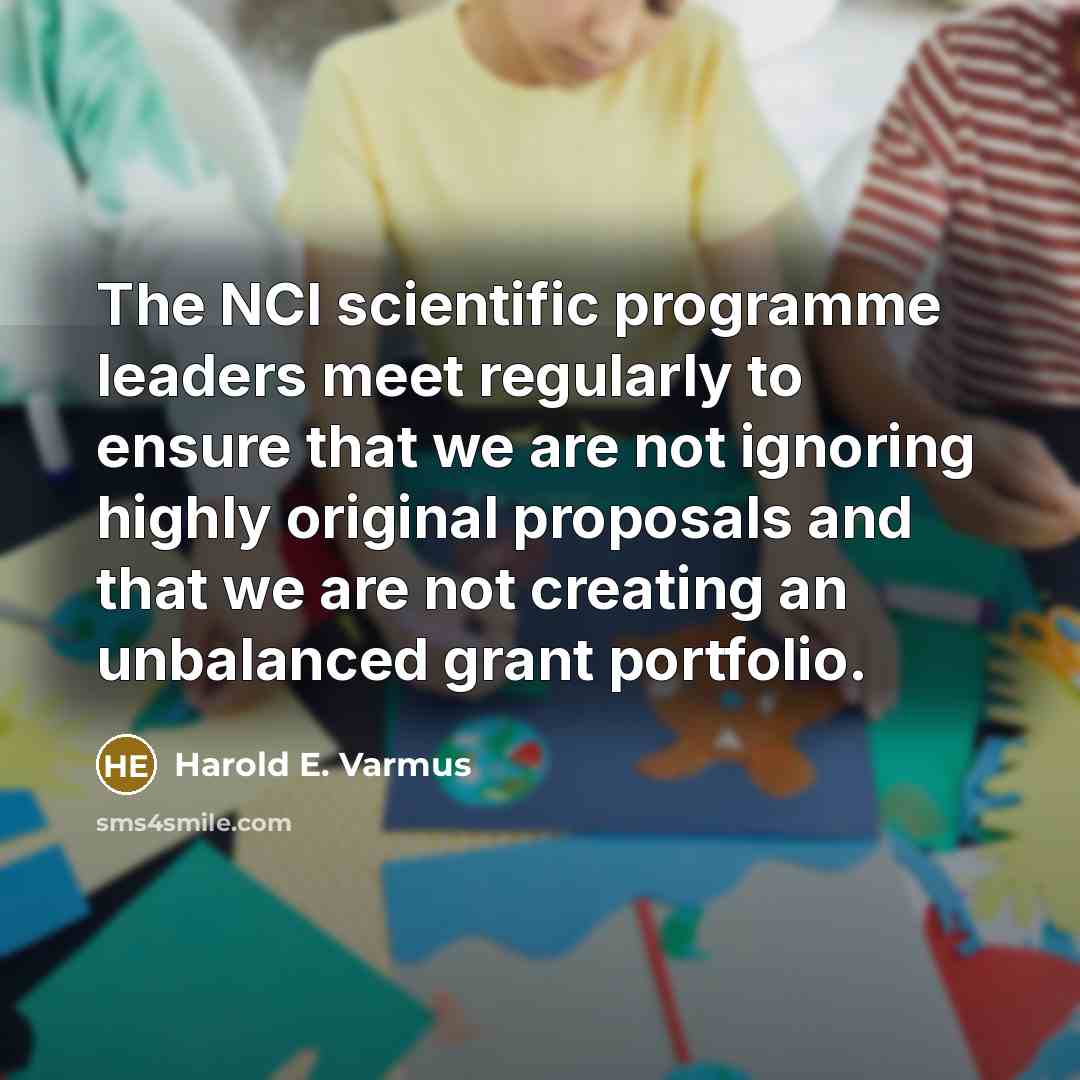 “The NCI scientific programme leaders meet regularly to ensure that we are not ignoring highly original proposals and that we are not creating an unbalanced grant portfolio.” quote by Harold E. Varmus
