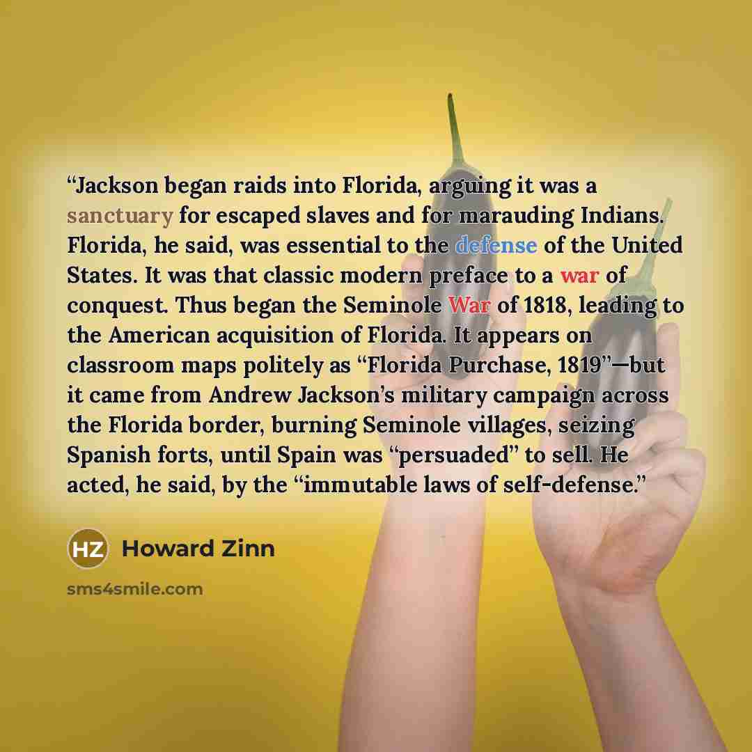 “Jackson began raids into Florida, arguing it was a sanctuary for escaped slaves and for marauding Indians. Florida, he said, was essential to the defense of the United States. It was that classic modern preface to a war of conquest. Thus began the Seminole War of 1818, leading to the American…” quote by Howard Zinn