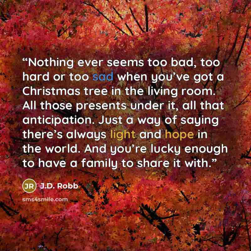 “Nothing ever seems too bad, too hard or too sad when you’ve got a Christmas tree in the living room. All those presents under it, all that anticipation. Just a way of saying there’s always light and hope in the world. And you’re lucky enough to have a family to share it with.” quote by J.D. Robb