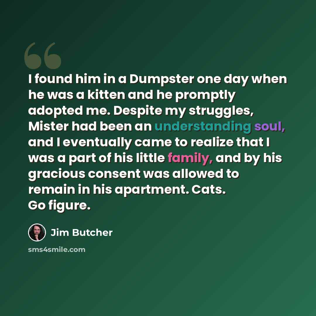 “I found him in a Dumpster one day when he was a kitten and he promptly adopted me. Despite my struggles, Mister had been an understanding soul, and I eventually came to realize that I was a part of his little family, and by his gracious consent was allowed to remain in his apartment. Cats. Go…” quote by Jim Butcher