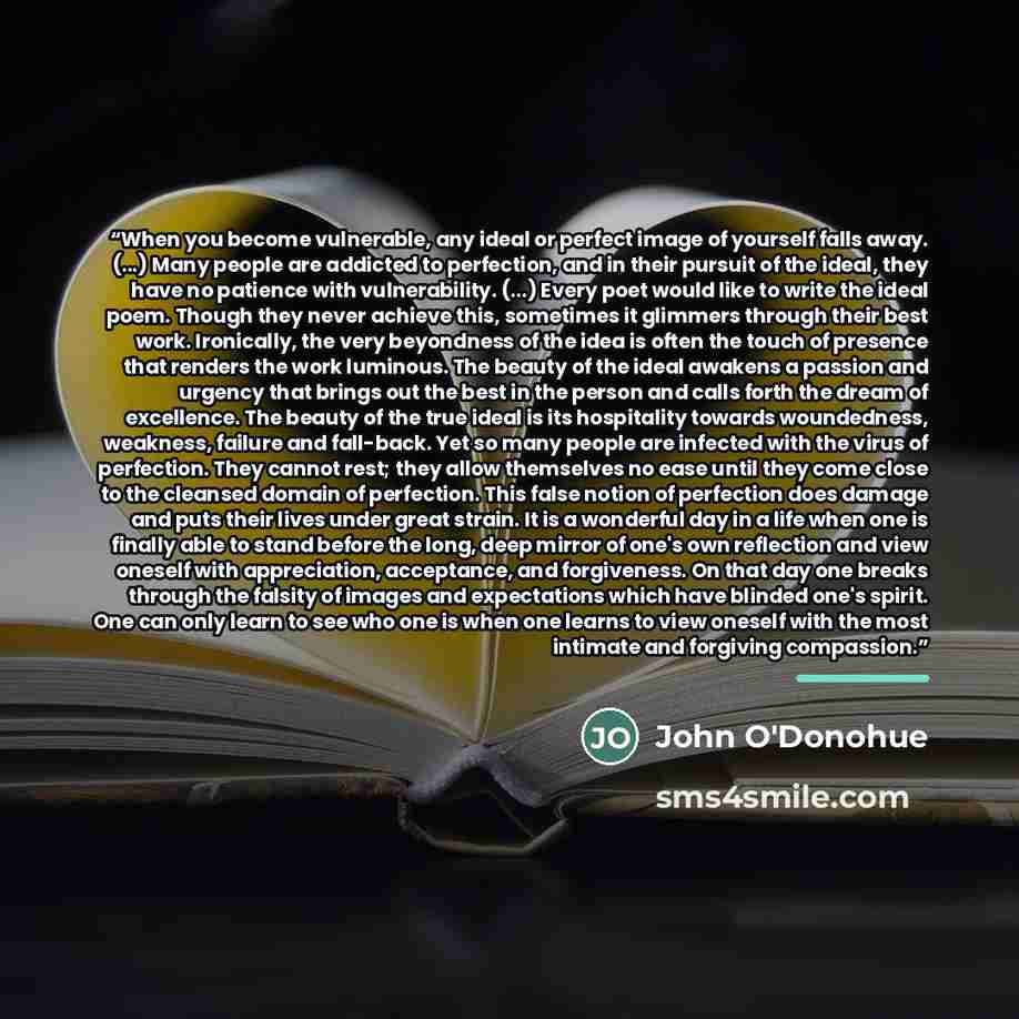 “When you become vulnerable, any ideal or perfect image of yourself falls away. (...) Many people are addicted to perfection, and in their pursuit of the ideal, they have no patience with vulnerability. (...) Every poet would like to write the ideal poem. Though they never achieve this, sometimes…” quote by John O'Donohue