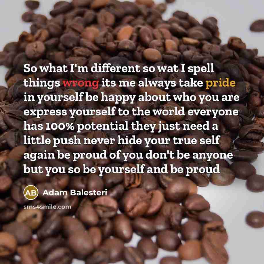 “So what I'm different so wat I spell things wrong its me always take pride in yourself be happy about who you are express yourself to the world everyone has 100% potential they just need a little push never hide your true self again be proud of you don't be anyone but you so be yourself and be proud” quote by Adam Balesteri