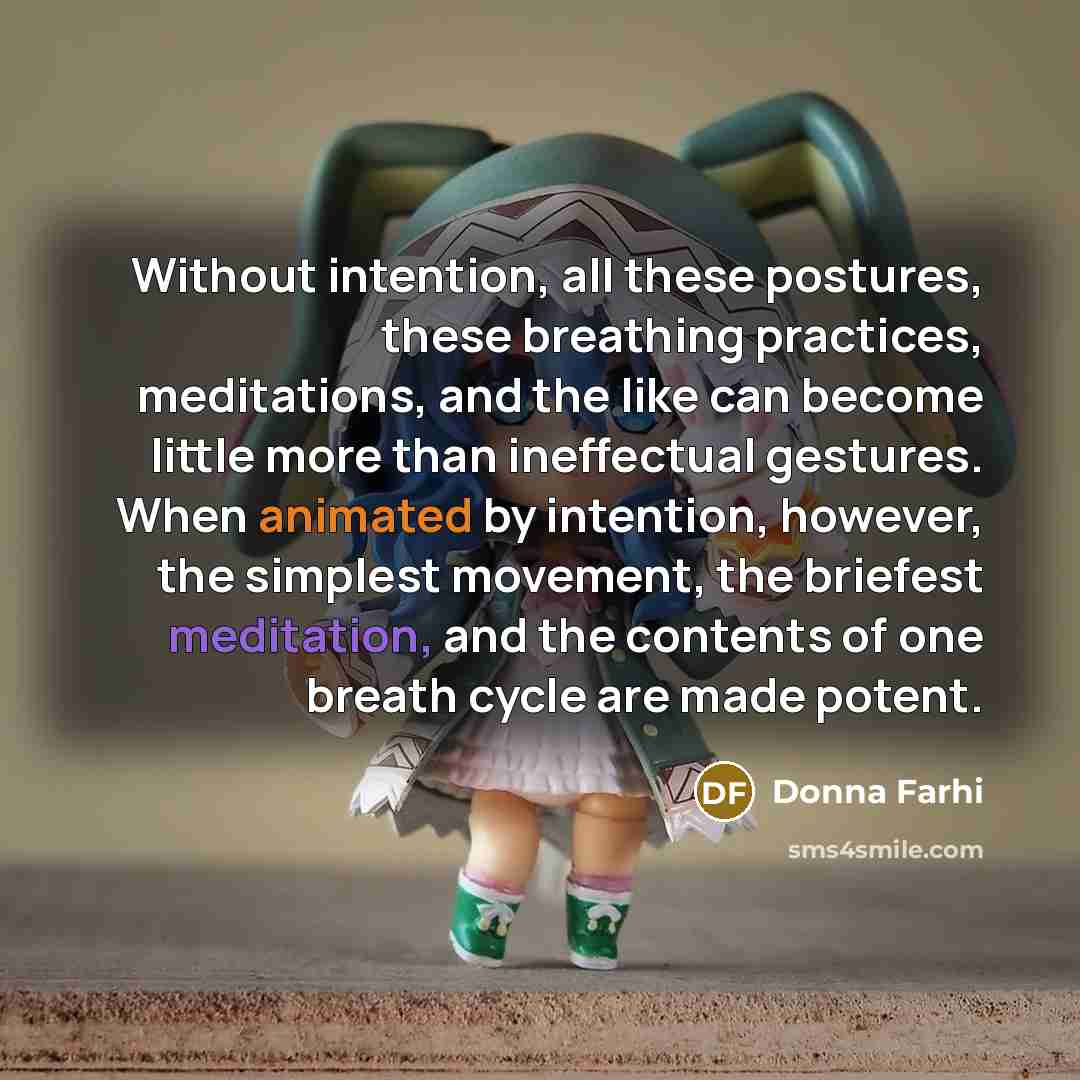 “Without intention, all these postures, these breathing practices, meditations, and the like can become little more than ineffectual gestures. When animated by intention, however, the simplest movement, the briefest meditation, and the contents of one breath cycle are made potent.” quote by Donna Farhi