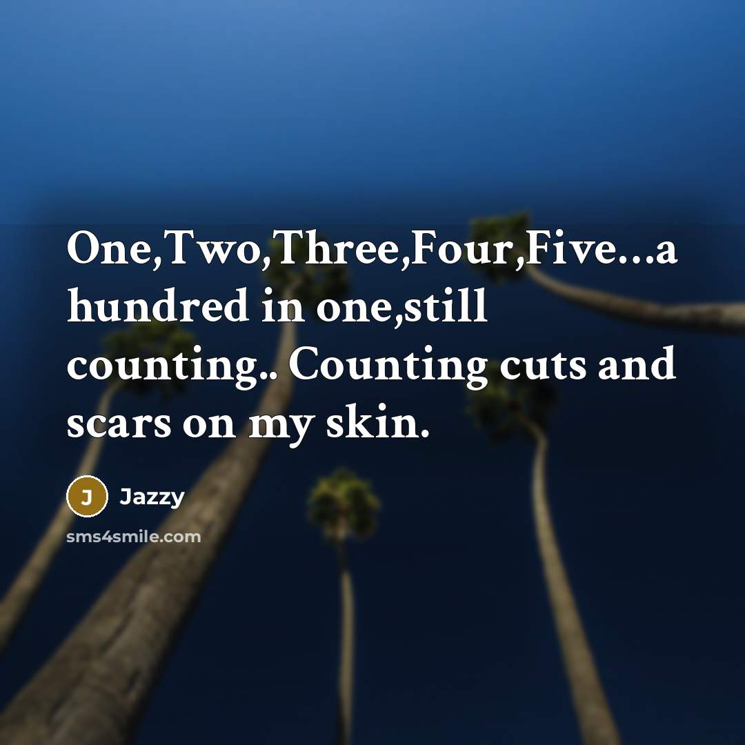“One,Two,Three,Four,Five…a hundred in one,still counting.. Counting cuts and scars on my skin.” quote by Jazzy
