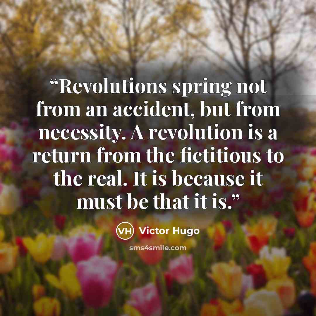 “Revolutions spring not from an accident, but from necessity. A revolution is a return from the fictitious to the real. It is because it must be that it is.” quote by Victor Hugo