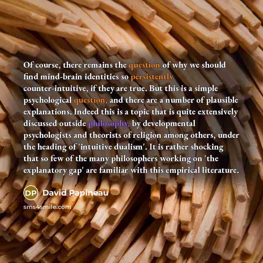 “Of course, there remains the question of why we should find mind-brain identities so persistently counter-intuitive, if they are true. But this is a simple psychological question, and there are a number of plausible explanations. Indeed this is a topic that is quite extensively discussed outside…” quote by David Papineau