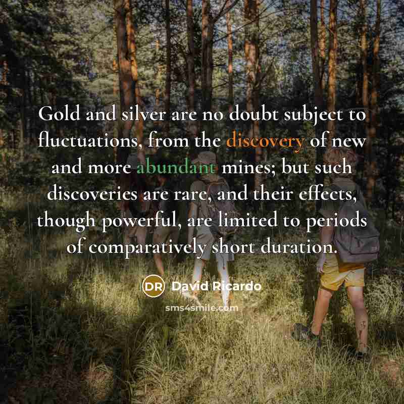 “Gold and silver are no doubt subject to fluctuations, from the discovery of new and more abundant mines; but such discoveries are rare, and their effects, though powerful, are limited to periods of comparatively short duration.” quote by David Ricardo