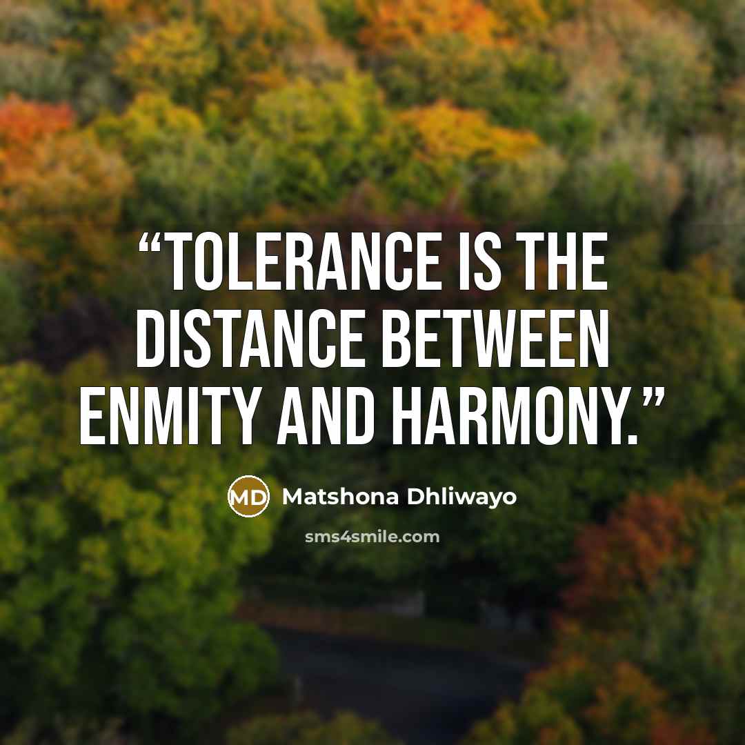 “Tolerance is the distance between enmity and harmony.” quote by Matshona Dhliwayo