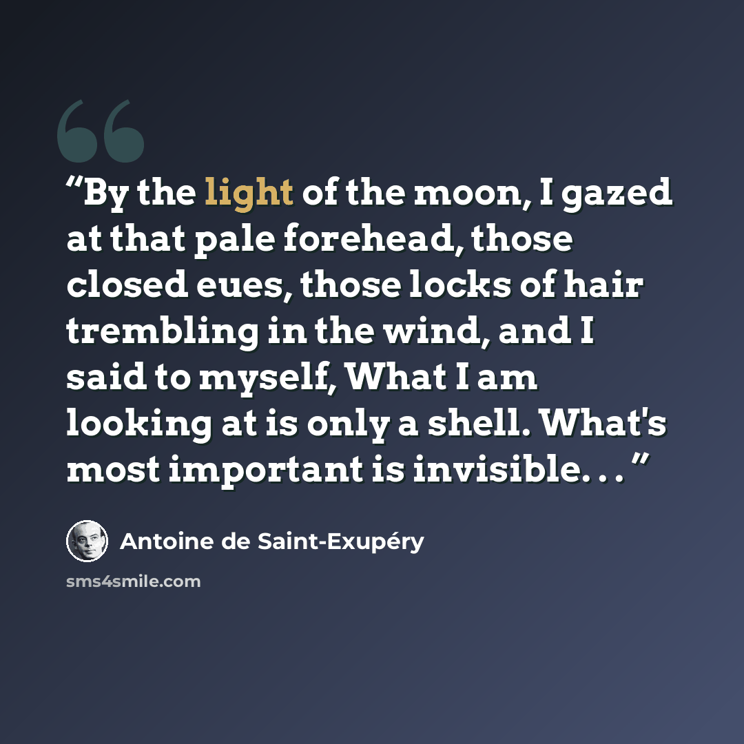“By the light of the moon, I gazed at that pale forehead, those closed eues, those locks of hair trembling in the wind, and I said to myself, What I am looking at is only a shell. What's most important is invisible. . .” quote by Antoine de Saint-Exupéry