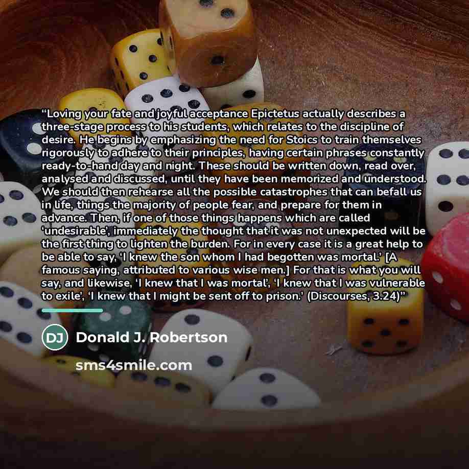 “Loving your fate and joyful acceptance Epictetus actually describes a three-stage process to his students, which relates to the discipline of desire. He begins by emphasizing the need for Stoics to train themselves rigorously to adhere to their principles, having certain phrases constantly…” quote by Donald J. Robertson