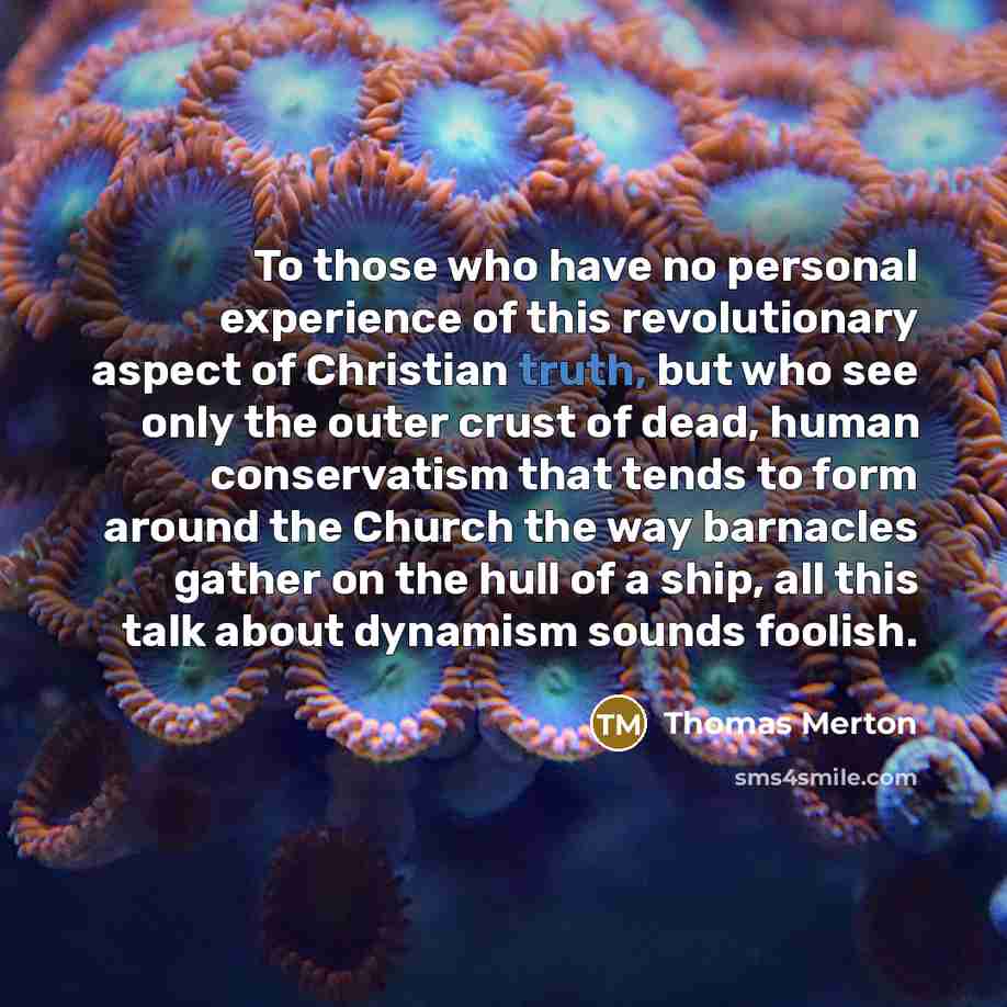 “To those who have no personal experience of this revolutionary aspect of Christian truth, but who see only the outer crust of dead, human conservatism that tends to form around the Church the way barnacles gather on the hull of a ship, all this talk about dynamism sounds foolish.” quote by Thomas Merton