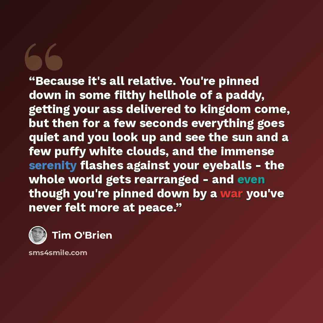 “Because it's all relative. You're pinned down in some filthy hellhole of a paddy, getting your ass delivered to kingdom come, but then for a few seconds everything goes quiet and you look up and see the sun and a few puffy white clouds, and the immense serenity flashes against your eyeballs - the…” quote by Tim O'Brien