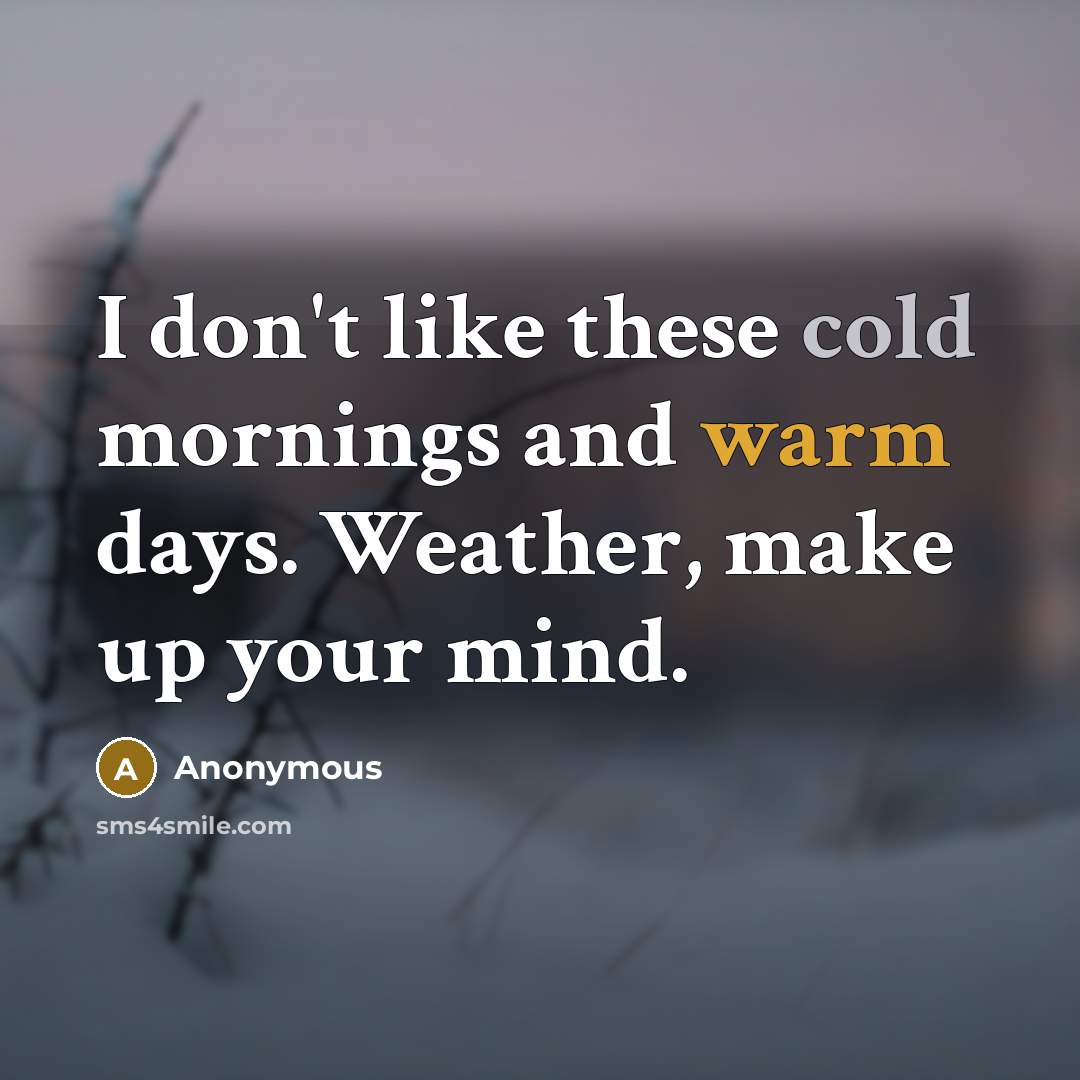 “I don't like these cold mornings and warm days. Weather, make up your mind.” quote by Anonymous