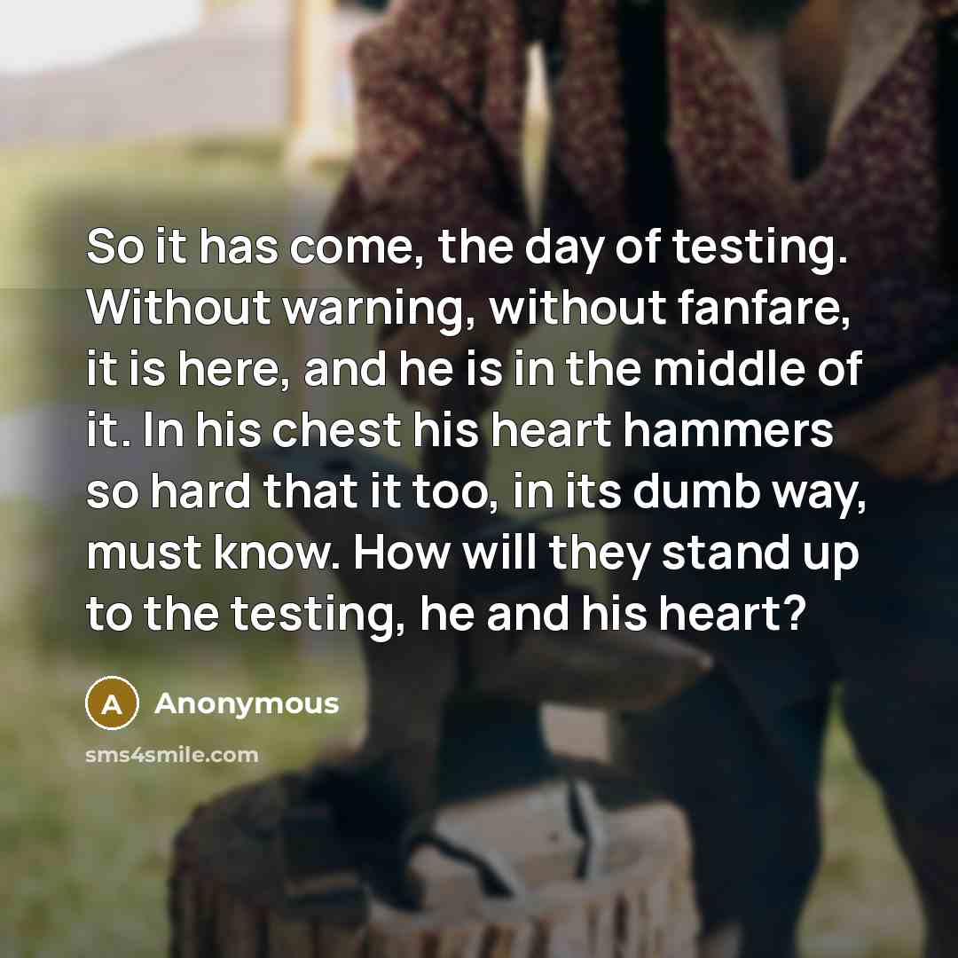 “So it has come, the day of testing. Without warning, without fanfare, it is here, and he is in the middle of it. In his chest his heart hammers so hard that it too, in its dumb way, must know. How will they stand up to the testing, he and his heart?” quote by Anonymous