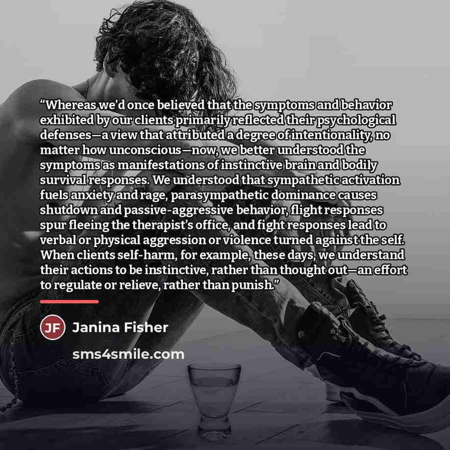 “Whereas we’d once believed that the symptoms and behavior exhibited by our clients primarily reflected their psychological defenses—a view that attributed a degree of intentionality, no matter how unconscious—now, we better understood the symptoms as manifestations of instinctive brain and bodily…” quote by Janina Fisher