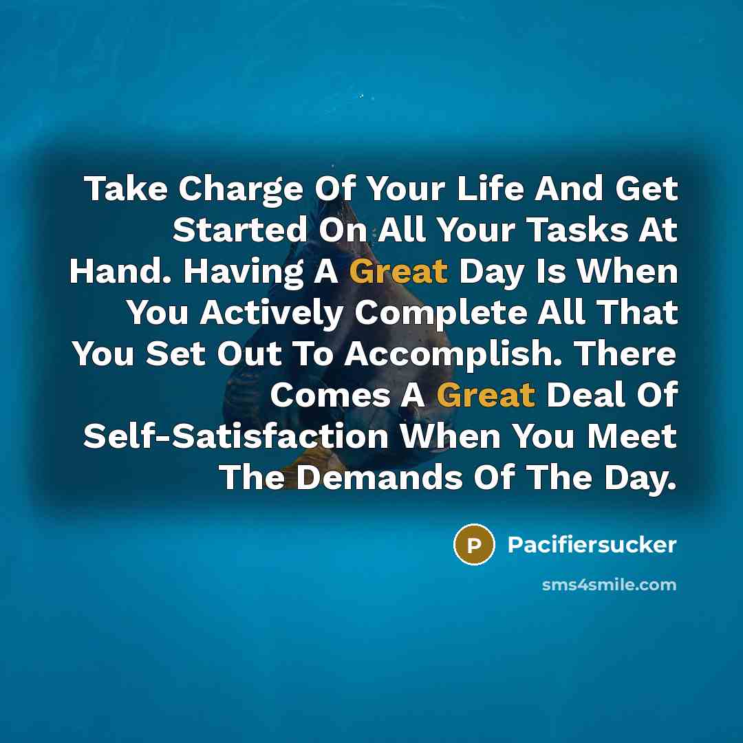 “Take Charge Of Your Life And Get Started On All Your Tasks At Hand. Having A Great Day Is When You Actively Complete All That You Set Out To Accomplish. There Comes A Great Deal Of Self-Satisfaction When You Meet The Demands Of The Day.” quote by Pacifiersucker
