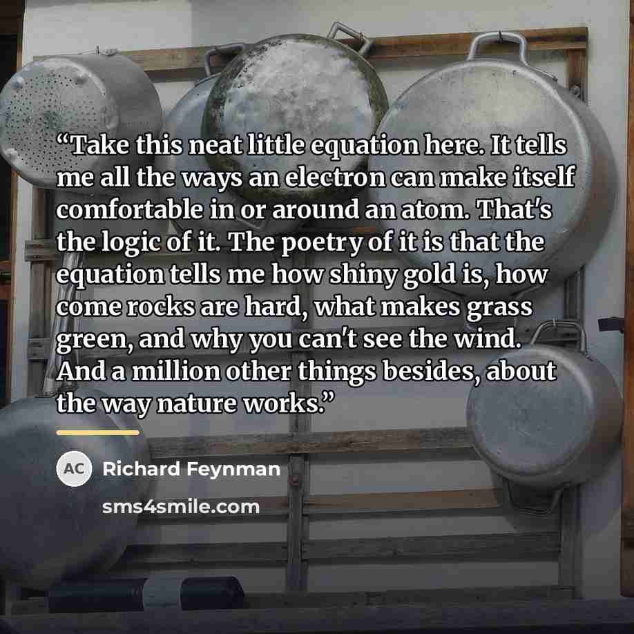 “Take this neat little equation here. It tells me all the ways an electron can make itself comfortable in or around an atom. That's the logic of it. The poetry of it is that the equation tells me how shiny gold is, how come rocks are hard, what makes grass green, and why you can't see the wind. And…” quote by Richard Feynman