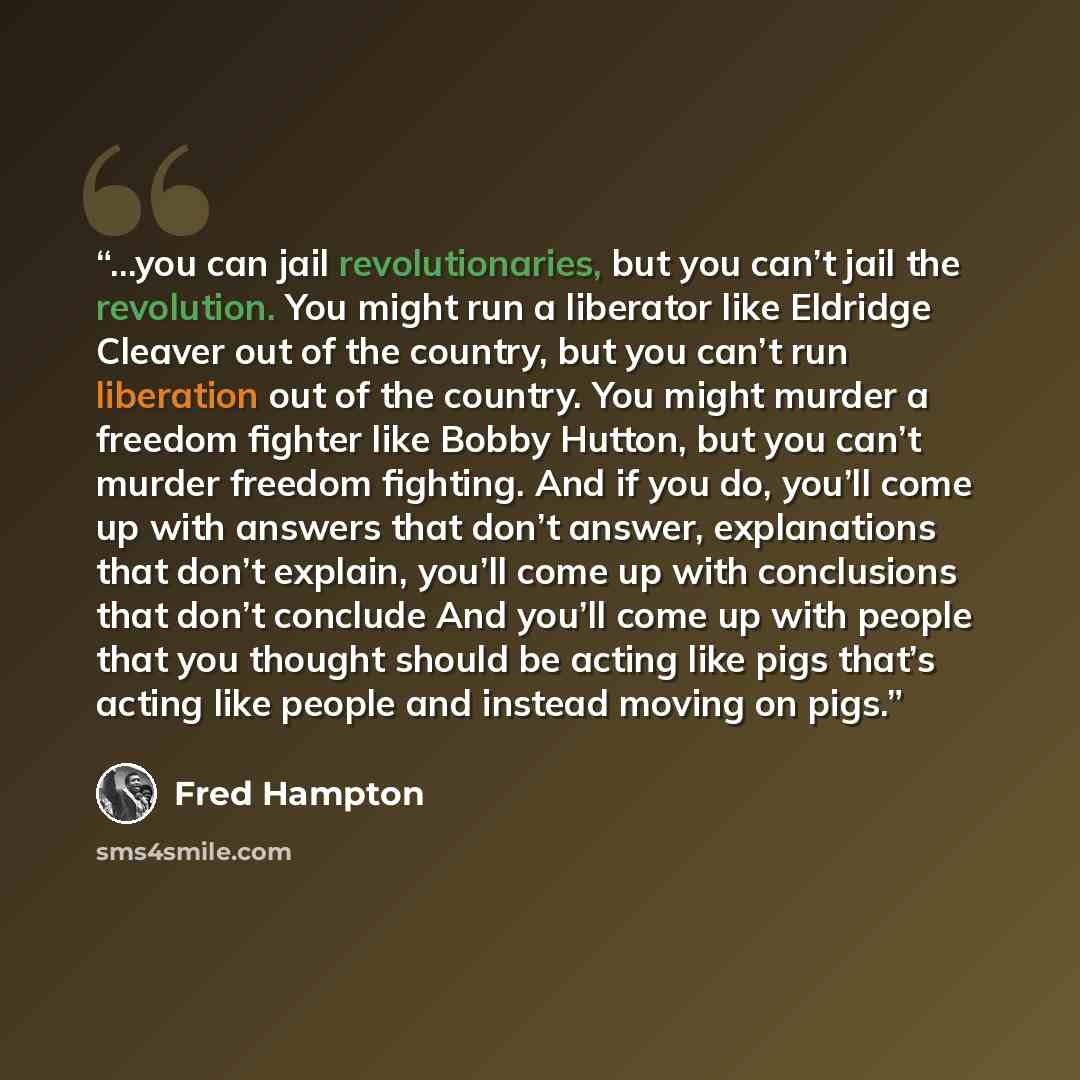 “...you can jail revolutionaries, but you can’t jail the revolution. You might run a liberator like Eldridge Cleaver out of the country, but you can’t run liberation out of the country. You might murder a freedom fighter like Bobby Hutton, but you can’t murder freedom fighting. And if you do…” quote by Fred Hampton