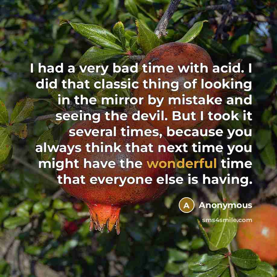 “I had a very bad time with acid. I did that classic thing of looking in the mirror by mistake and seeing the devil. But I took it several times, because you always think that next time you might have the wonderful time that everyone else is having.” quote by Anonymous