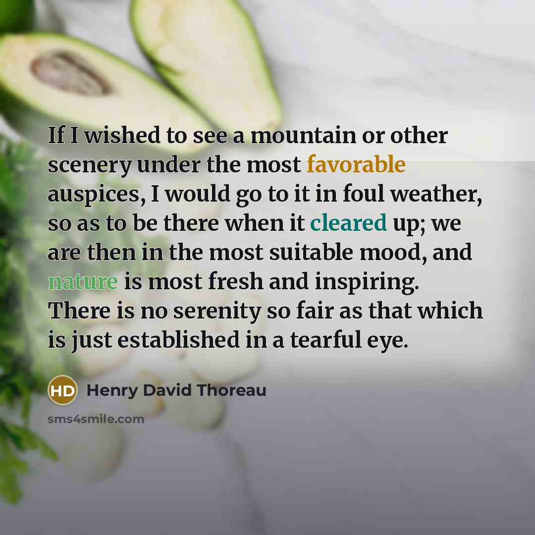 “If I wished to see a mountain or other scenery under the most favorable auspices, I would go to it in foul weather, so as to be there when it cleared up; we are then in the most suitable mood, and nature is most fresh and inspiring. There is no serenity so fair as that which is just established in…” quote by Henry David Thoreau