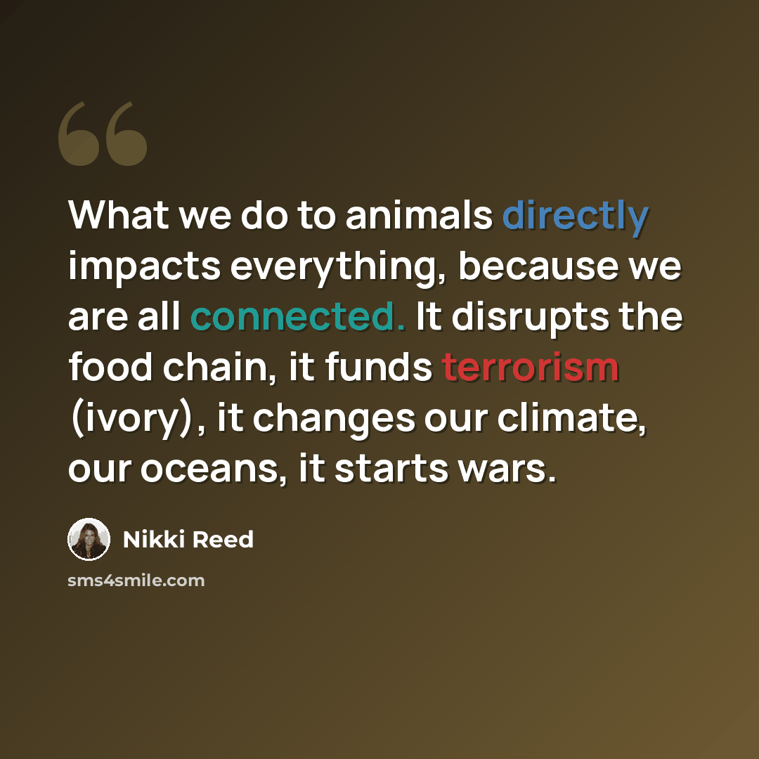 “What we do to animals directly impacts everything, because we are all connected. It disrupts the food chain, it funds terrorism (ivory), it changes our climate, our oceans, it starts wars.” quote by Nikki Reed