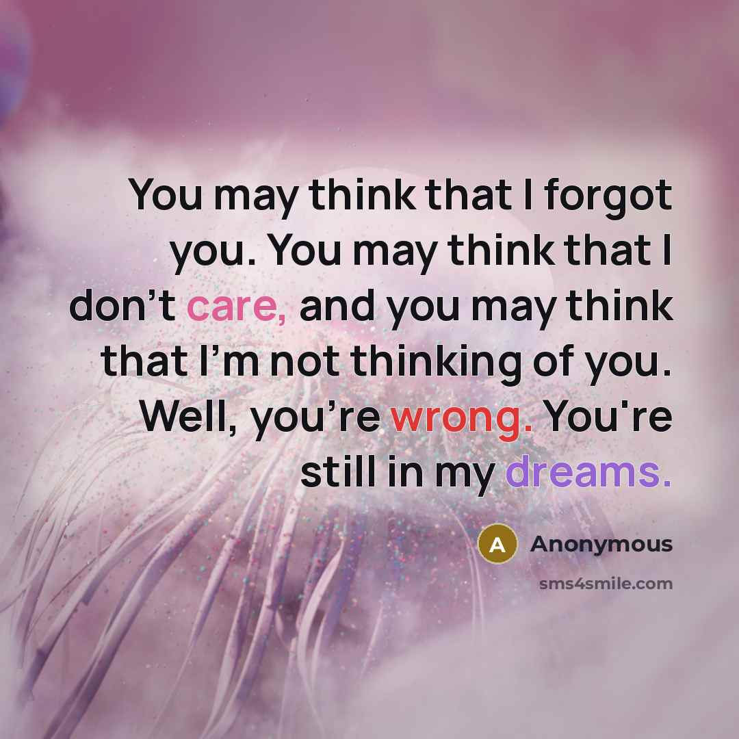 “You may think that I forgot you. You may think that I don't care, and you may think that I'm not thinking of you. Well, you're wrong. You're still in my dreams.” quote by Anonymous