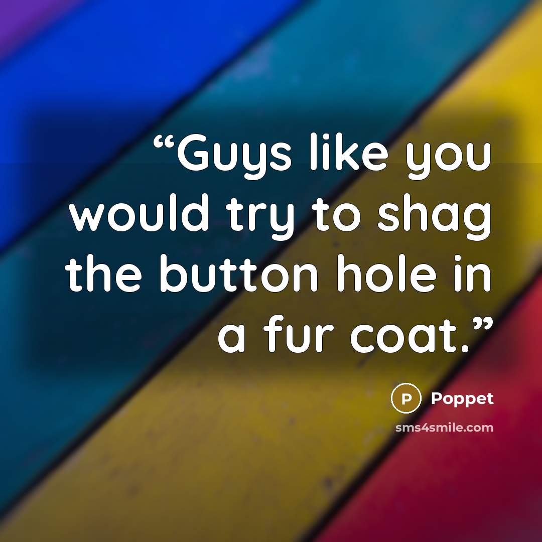“Guys like you would try to shag the button hole in a fur coat.” quote by Poppet
