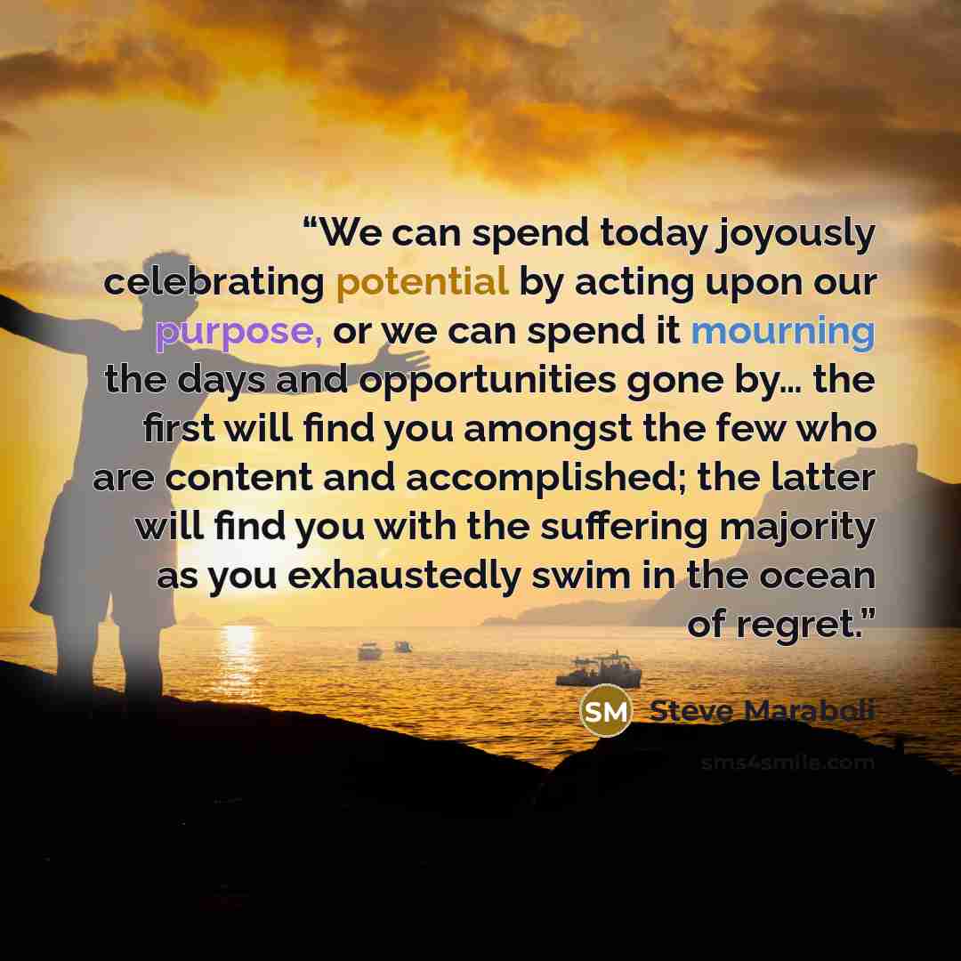 “We can spend today joyously celebrating potential by acting upon our purpose, or we can spend it mourning the days and opportunities gone by… the first will find you amongst the few who are content and accomplished; the latter will find you with the suffering majority as you exhaustedly swim in…” quote by Steve Maraboli
