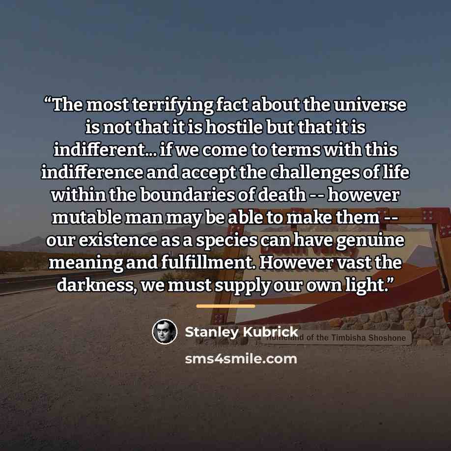 “The most terrifying fact about the universe is not that it is hostile but that it is indifferent... if we come to terms with this indifference and accept the challenges of life within the boundaries of death -- however mutable man may be able to make them -- our existence as a species can have…” quote by Stanley Kubrick