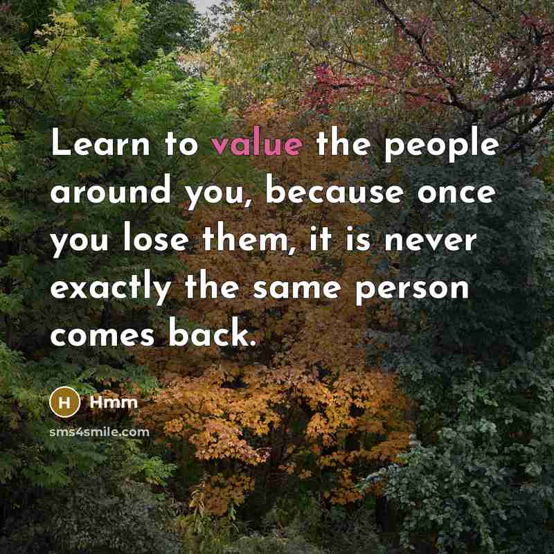 “Learn to value the people around you, because once you lose them, it is never exactly the same person comes back.” quote by Hmm