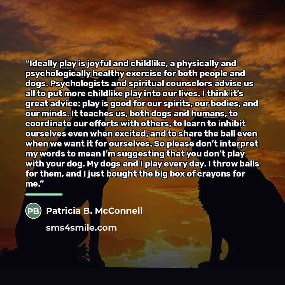 “Ideally play is joyful and childlike, a physically and psychologically healthy exercise for both people and dogs. Psychologists and spiritual counselors advise us all to put more childlike play into our lives. I think it’s great advice: play is good for our spirits, our bodies, and our minds. It…” quote by Patricia B. McConnell