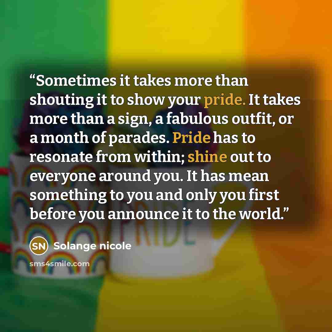 “Sometimes it takes more than shouting it to show your pride. It takes more than a sign, a fabulous outfit, or a month of parades. Pride has to resonate from within; shine out to everyone around you. It has mean something to you and only you first before you announce it to the world.” quote by Solange nicole