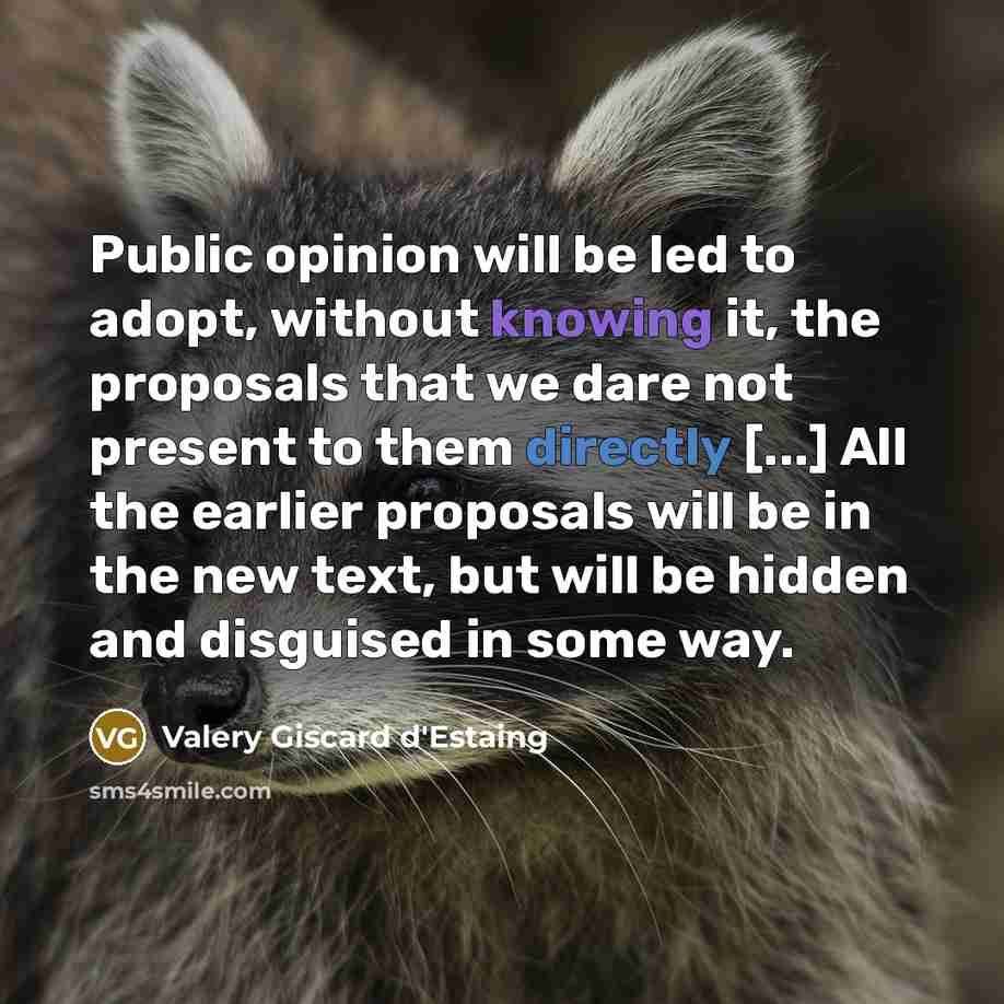 “Public opinion will be led to adopt, without knowing it, the proposals that we dare not present to them directly [...] All the earlier proposals will be in the new text, but will be hidden and disguised in some way.” quote by Valery Giscard d'Estaing
