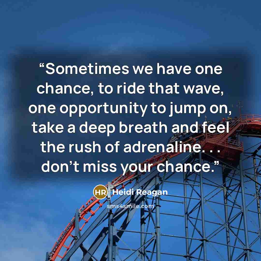 “Sometimes we have one chance, to ride that wave, one opportunity to jump on, take a deep breath and feel the rush of adrenaline. . . don't miss your chance.” quote by Heidi Reagan