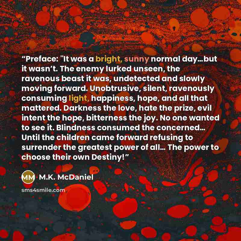 “Preface: "It was a bright, sunny normal day…but it wasn’t. The enemy lurked unseen, the ravenous beast it was, undetected and slowly moving forward. Unobtrusive, silent, ravenously consuming light, happiness, hope, and all that mattered. Darkness the love, hate the prize, evil intent the hope…” quote by M.K. McDaniel