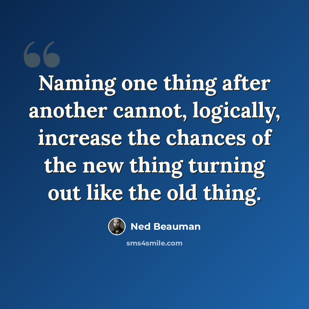 “Naming one thing after another cannot, logically, increase the chances of the new thing turning out like the old thing.” quote by Ned Beauman