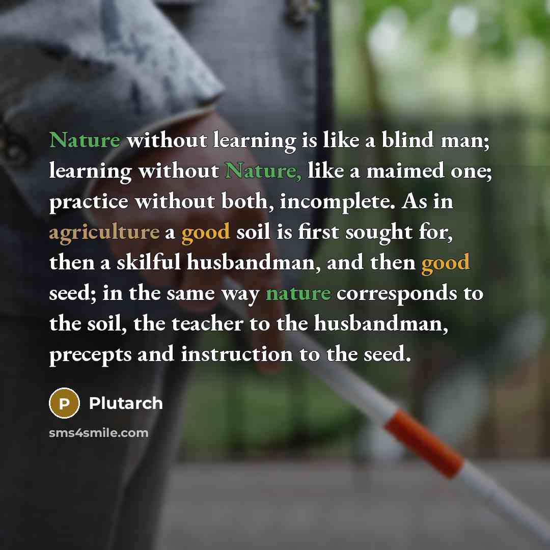 “Nature without learning is like a blind man; learning without Nature, like a maimed one; practice without both, incomplete. As in agriculture a good soil is first sought for, then a skilful husbandman, and then good seed; in the same way nature corresponds to the soil, the teacher to the…” quote by Plutarch