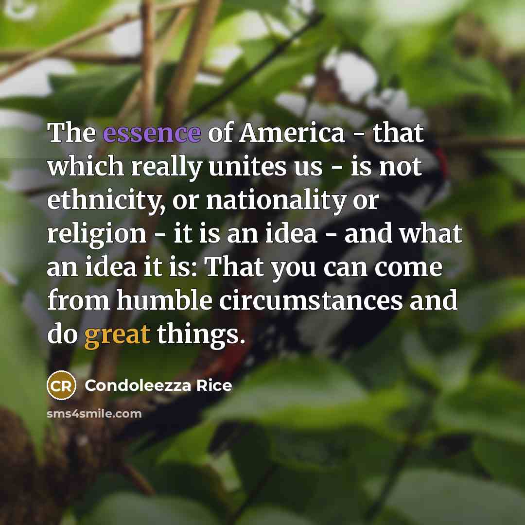 “The essence of America - that which really unites us - is not ethnicity, or nationality or religion - it is an idea - and what an idea it is: That you can come from humble circumstances and do great things.” quote by Condoleezza Rice