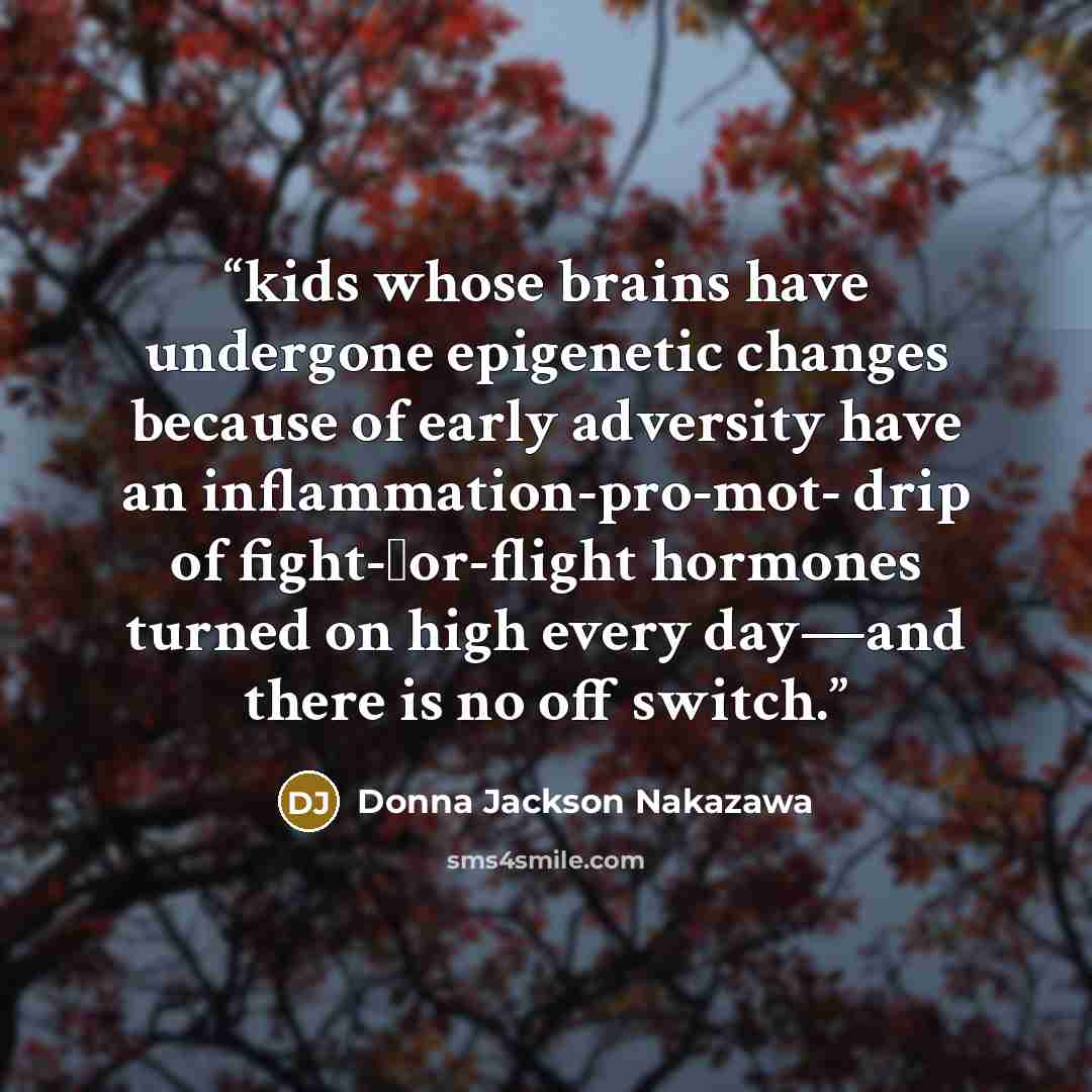 “kids whose brains have undergone epigenetic changes because of early adversity have an inflammation-pro-mot- drip of fight-or-flight hormones turned on high every day—and there is no off switch.” quote by Donna Jackson Nakazawa