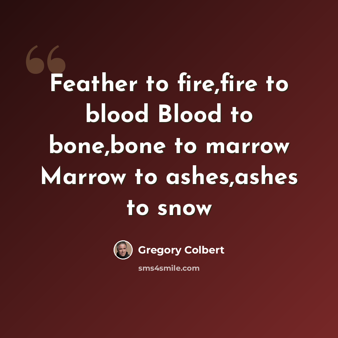 “Feather to fire,fire to blood Blood to bone,bone to marrow Marrow to ashes,ashes to snow” quote by Gregory Colbert