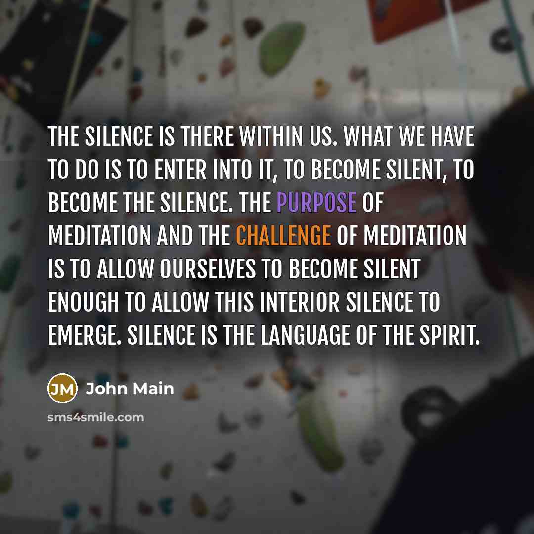 “The silence is there within us. What we have to do is to enter into it, to become silent, to become the silence. The purpose of meditation and the challenge of meditation is to allow ourselves to become silent enough to allow this interior silence to emerge. Silence is the language of the spirit.” quote by John Main