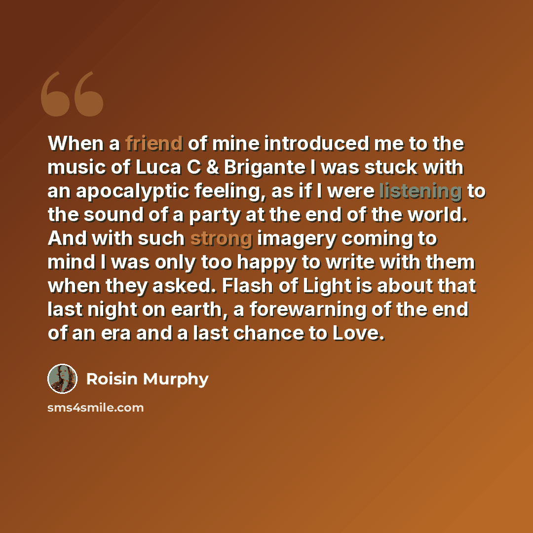 “When a friend of mine introduced me to the music of Luca C & Brigante I was stuck with an apocalyptic feeling, as if I were listening to the sound of a party at the end of the world. And with such strong imagery coming to mind I was only too happy to write with them when they asked. Flash of Light…” quote by Roisin Murphy
