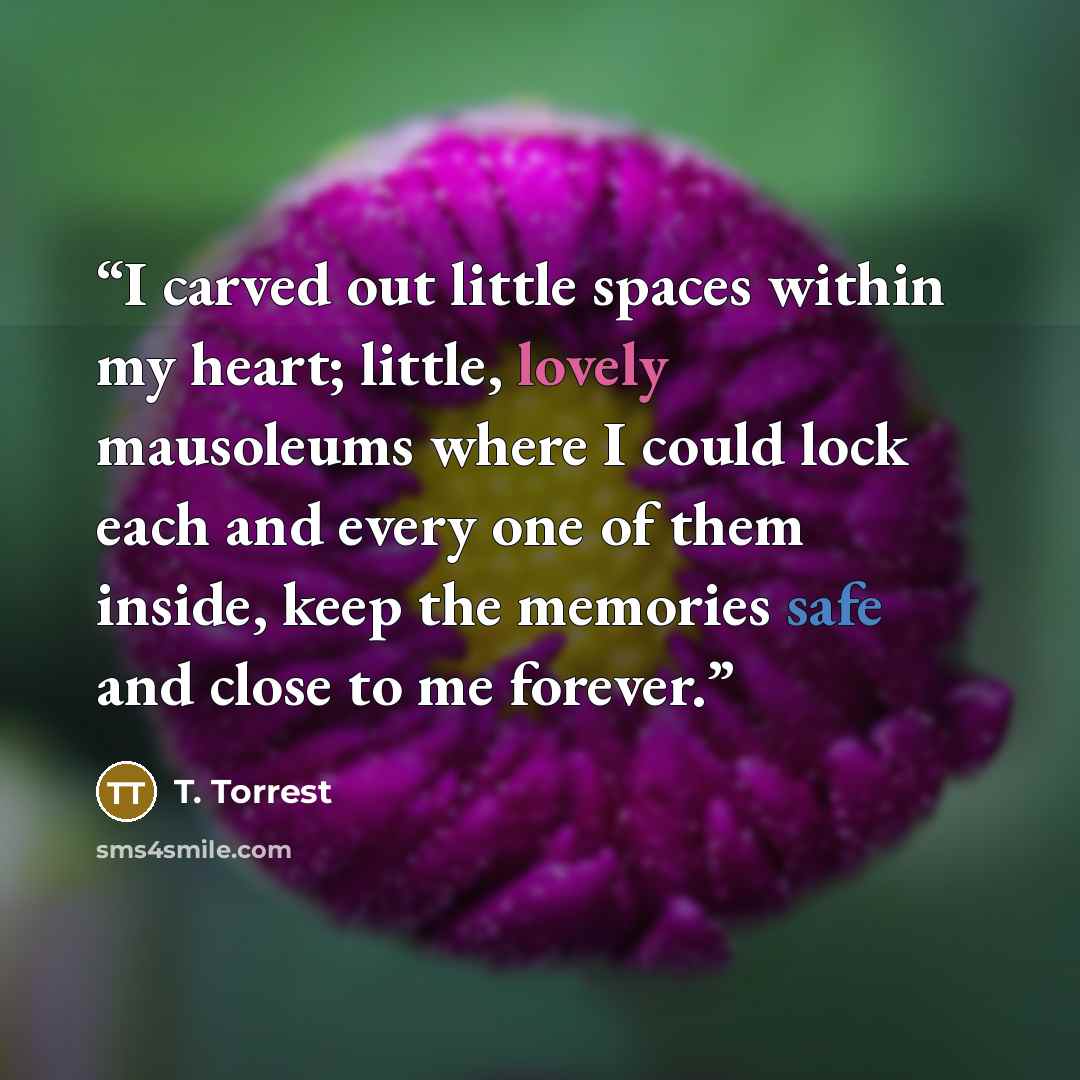 “I carved out little spaces within my heart; little, lovely mausoleums where I could lock each and every one of them inside, keep the memories safe and close to me forever.” quote by T. Torrest