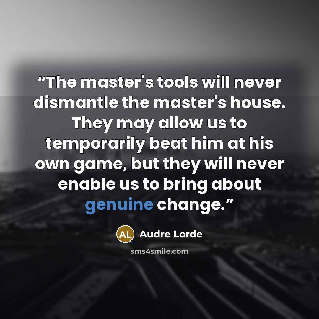 “The master's tools will never dismantle the master's house. They may allow us to temporarily beat him at his own game, but they will never enable us to bring about genuine change.” quote by Audre Lorde